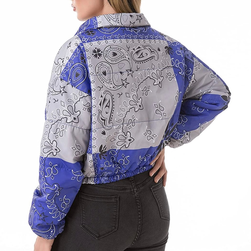 New - Blue Women's Quilted Lightweight Cropped Bandana Windbreaker Jacket - Picture 8 of 13